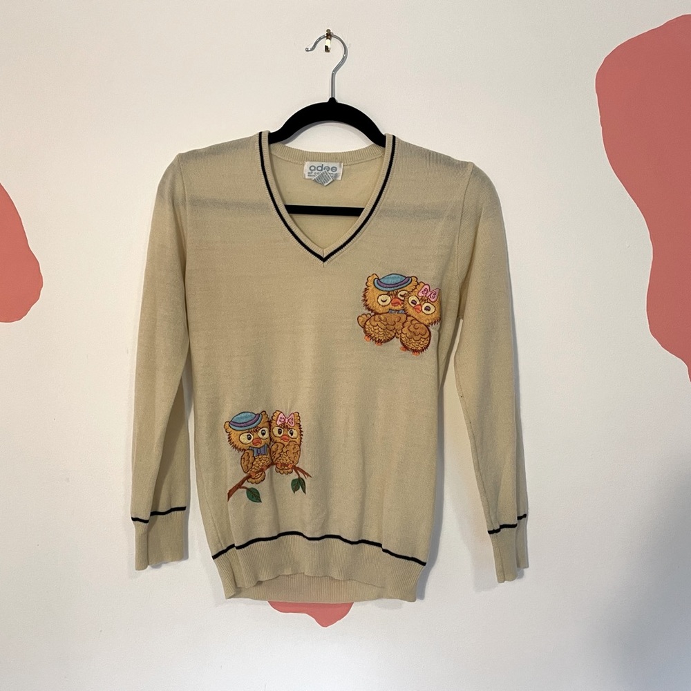 Vintage 70s owl friends sweater fits like xs semi sheer cute with collared top
